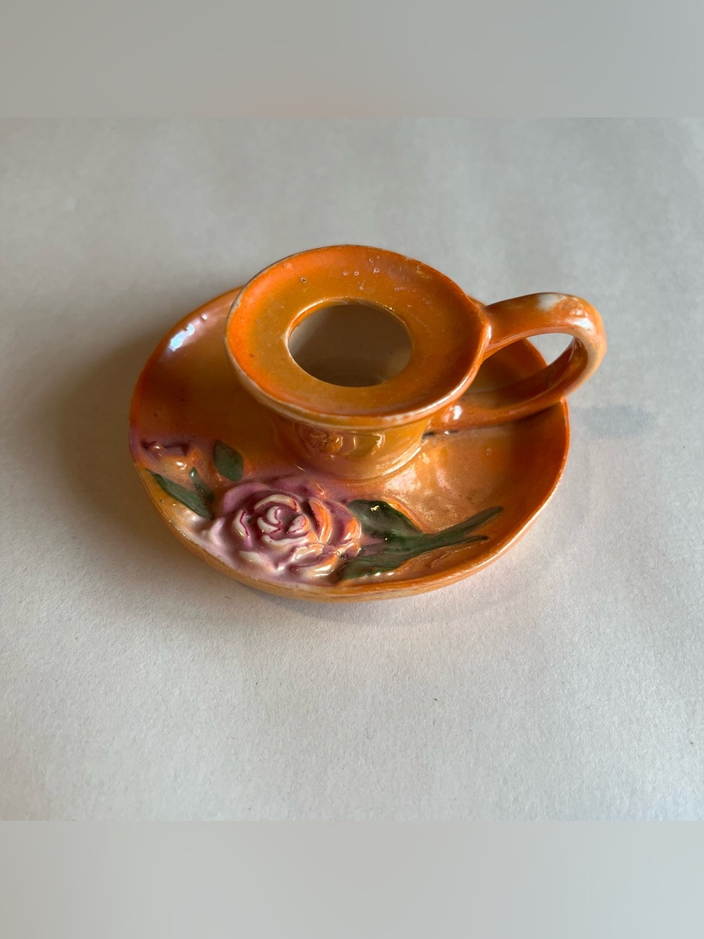 Vintage Orange German Lusterware Chamber Style Mini Candle Holder 2.75x1.25"